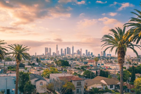 Beautiful,Sunset,Of,Los,Angeles,Downtown,Skyline,And,Palm,Trees